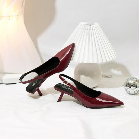 Women Burgundy Pointed Toe Pumps Patent Leather Slingback Heels With Buckle - Picture 4 of 9